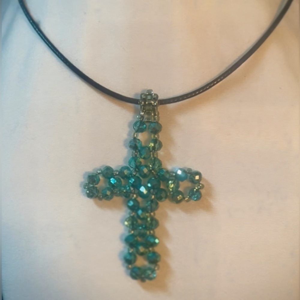 Hand-Beaded Turquoise Cross Pendant Necklace - Picture 2 of 4